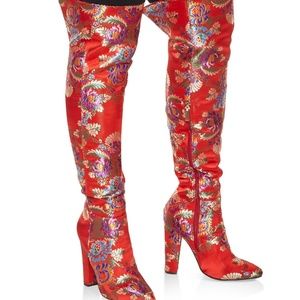 Red Printed Over the Knee 4" High Heel Boots